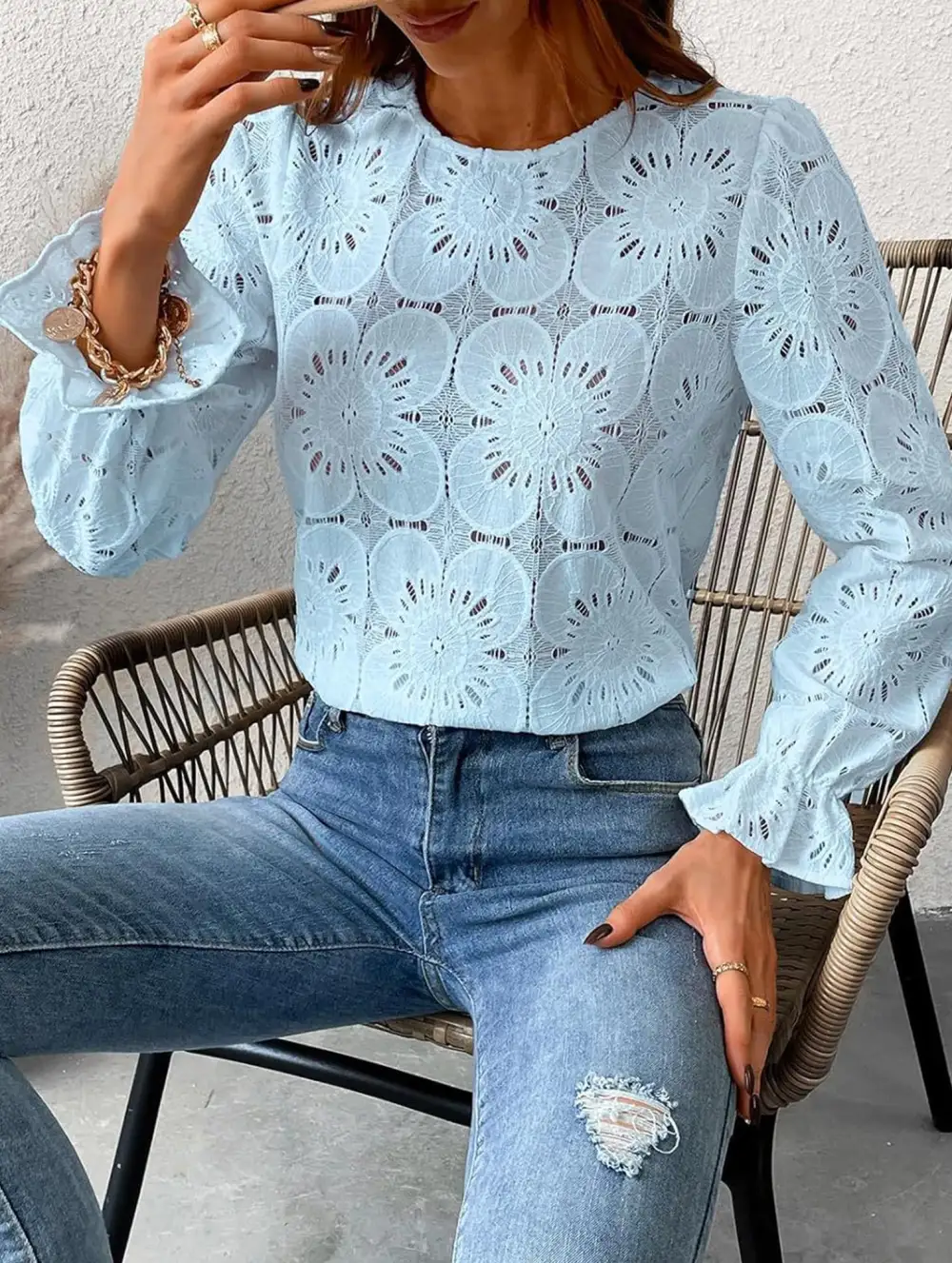 Openwork Lace Long Sleeve Blouse