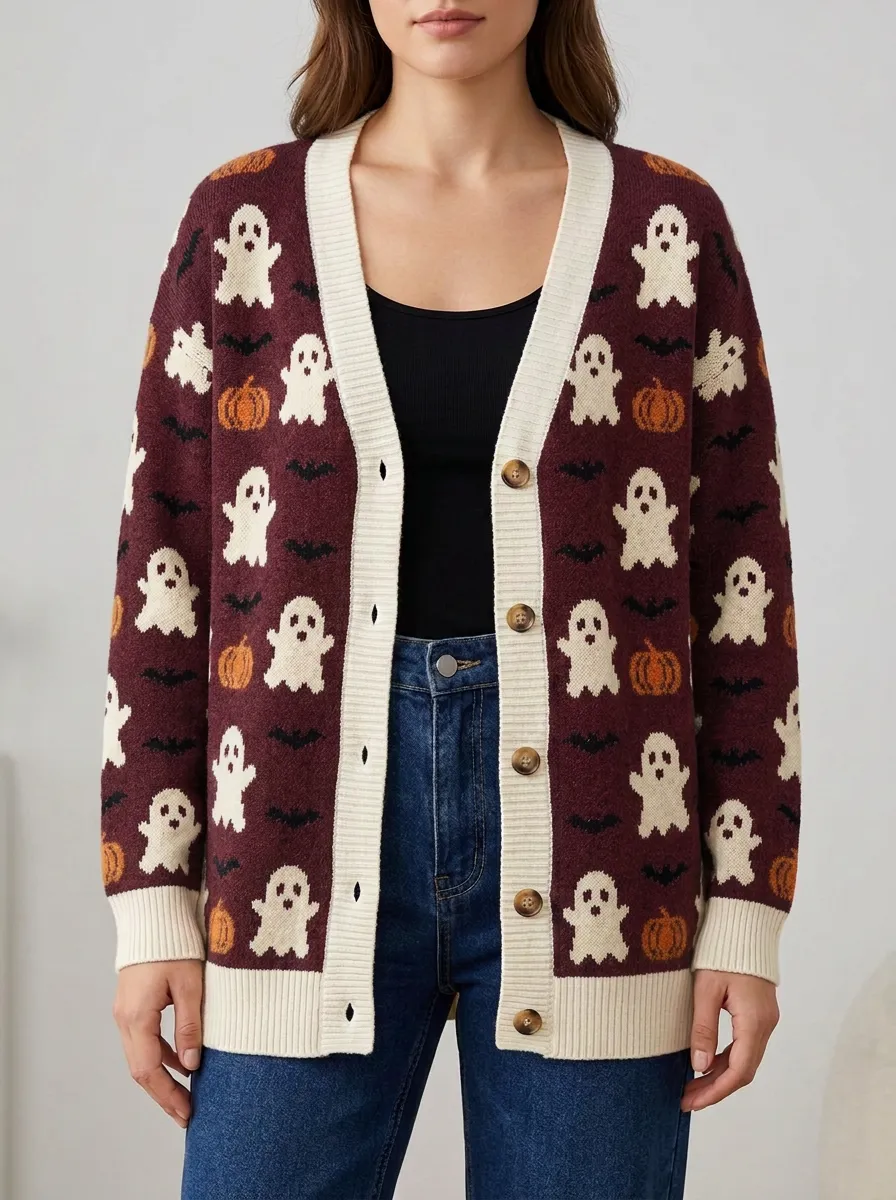 Women's Halloween Ghost Pumpkin Bat Pattern Knitted Cardigan