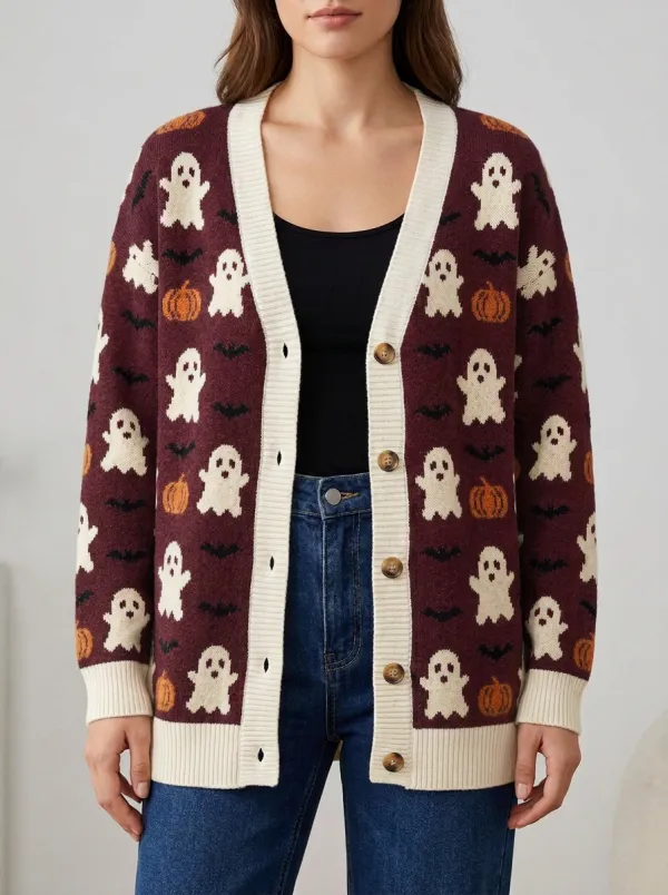 Women's Halloween Ghost Pumpkin Bat Pattern Knitted Cardigan