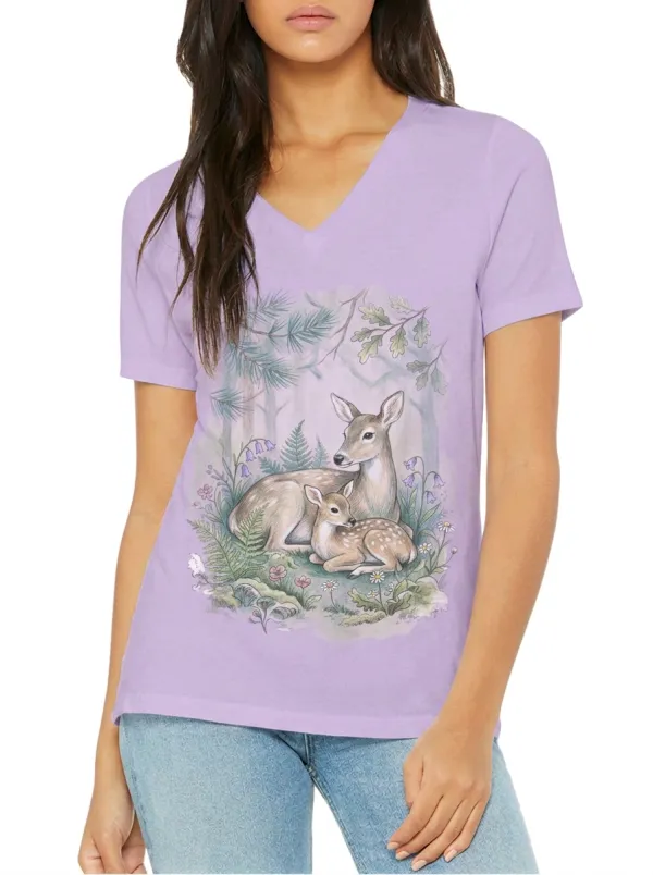 Women's Nature Lover Forest Deer Fawn Printed V-Neck T-Shirt