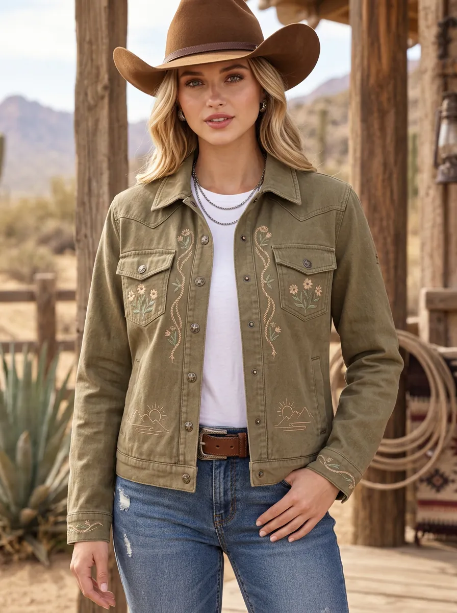Women's Western Cowgirl Mountain Floral Embroidered Denim Jacket