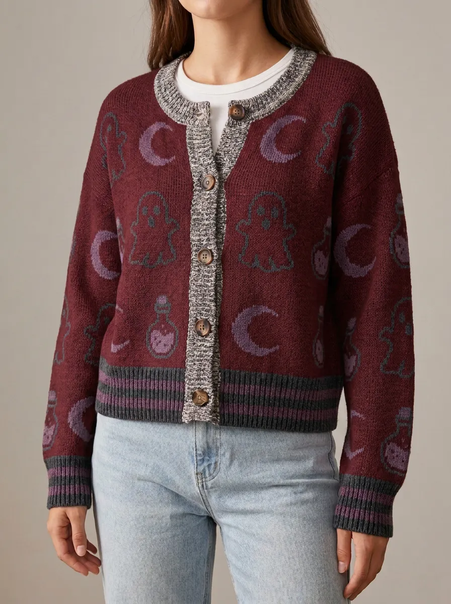Women's Halloween Ghost Moon Potion Pattern Printed Cardigan