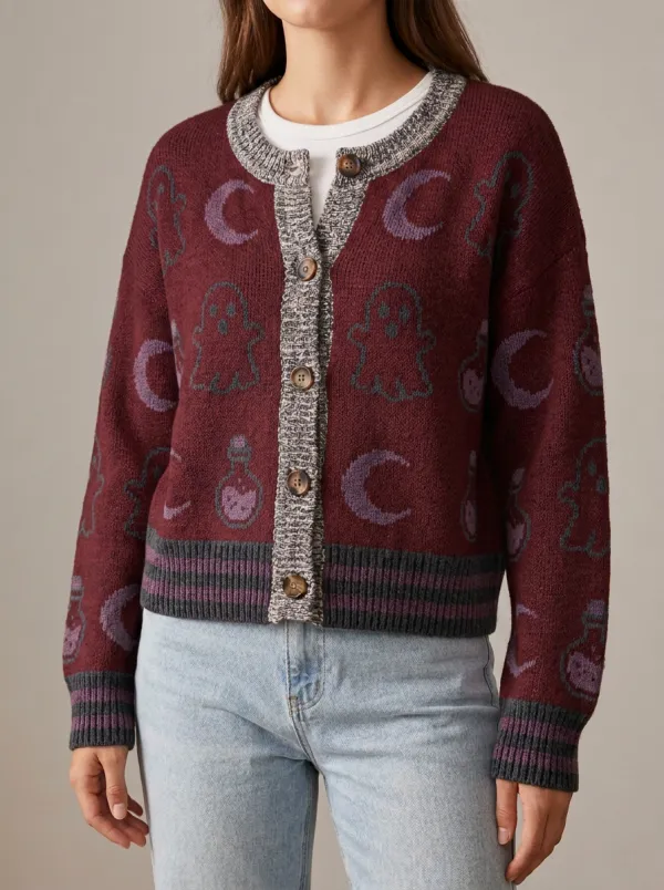 Women's Halloween Ghost Moon Potion Pattern Printed Cardigan