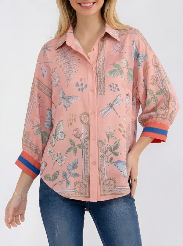 Women's Botanical Butterfly Dragonfly Floral Printed Button-Up Shirt