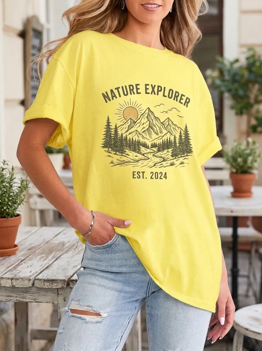 Women's Nature Explorer Mountain Forest Sun Printed T-shirt