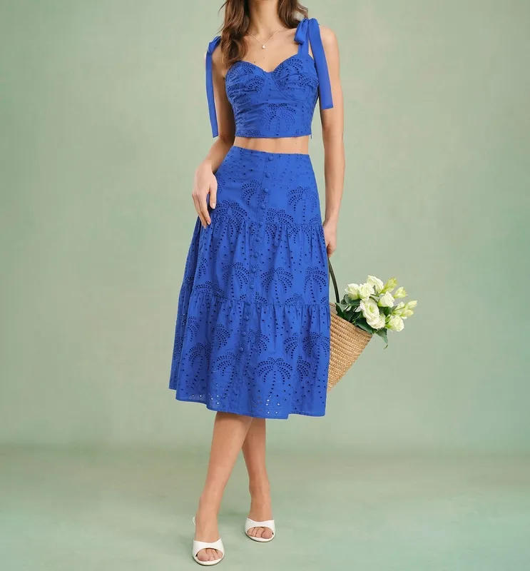 Blue Embroidery Midi Skirt