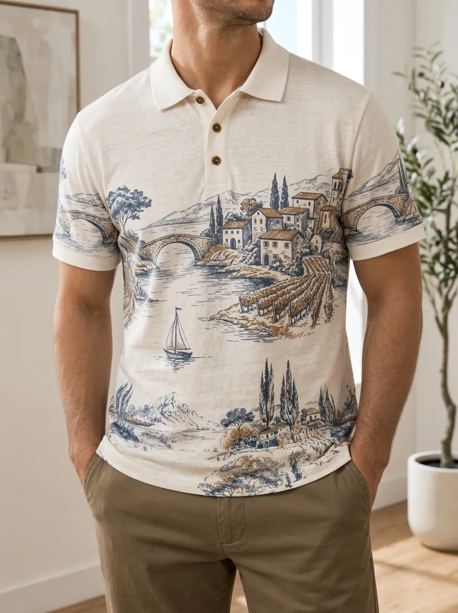 Men's Mediterranean Landscape Sailboat Printed Polo Shirt Relaxed Daily Style