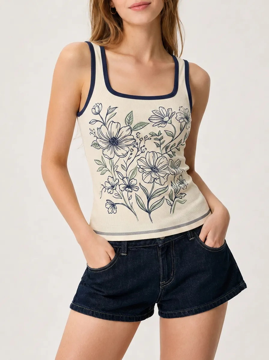 Women's Floral Botanical Art Printed Ribbed Tank Top