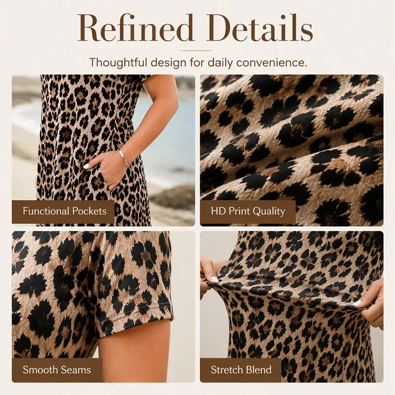 Summer Hot Sale 50% Off! Women's Leopard Print Maxi Dress with Pockets Casual Short Sleeve Long Dress