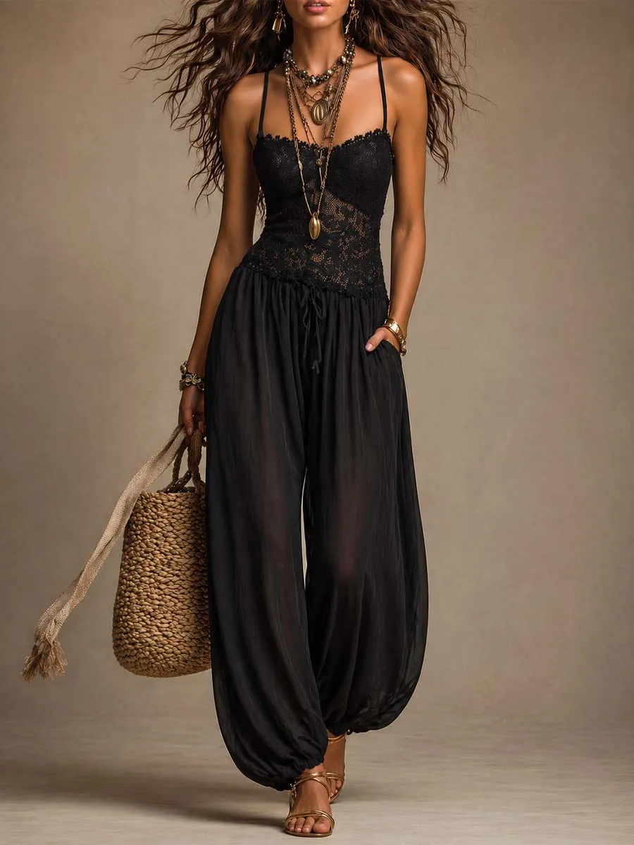 Black Lace Chiffon Halter Harem Jumpsuit