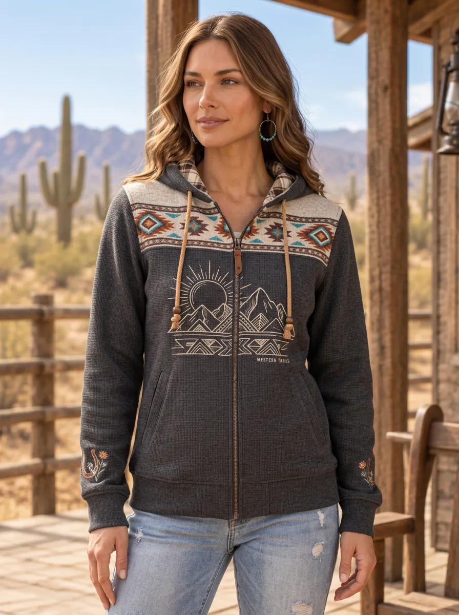 Women's Western B3 Desert Mountain Sun Printed Zip Hoodie