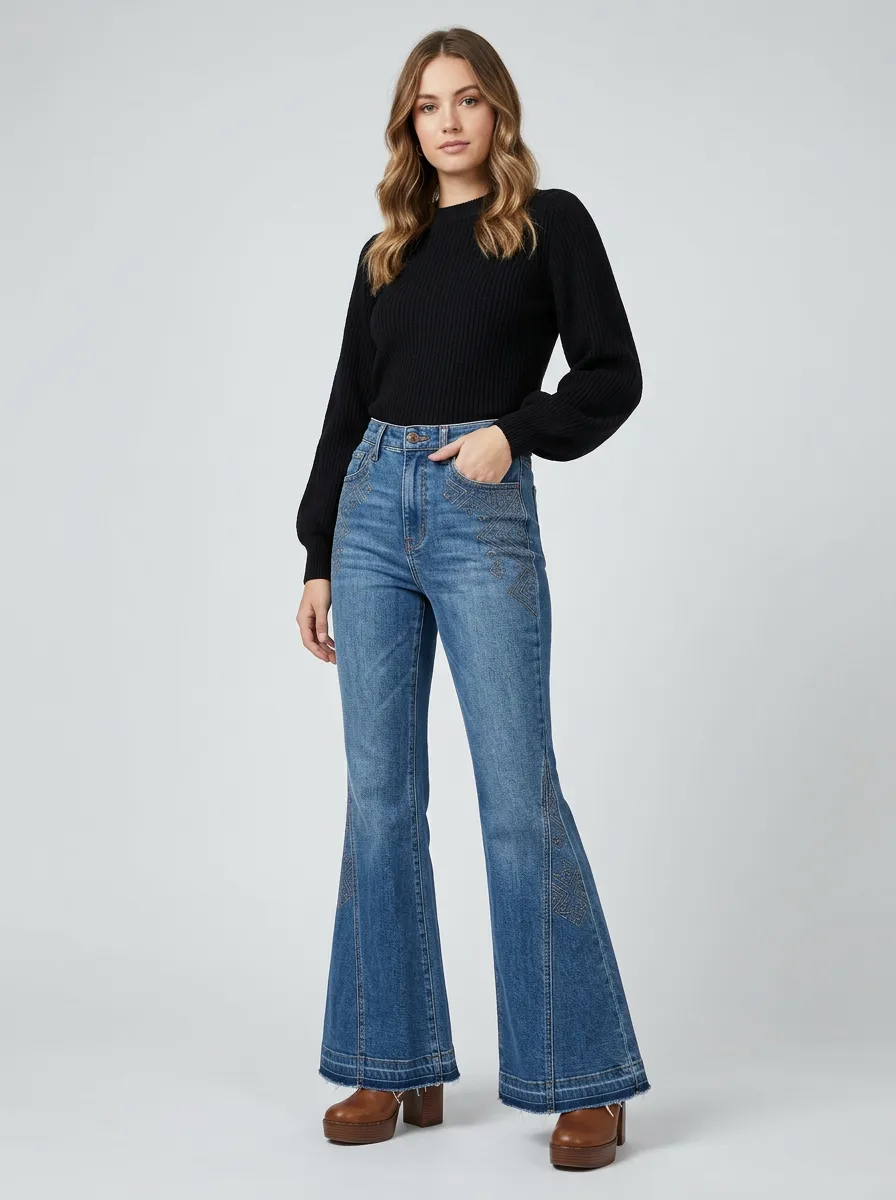 Women's Boho Style Geometric Embroidered Printed Flare Jeans