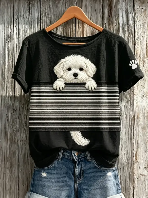 Women's Peeking Maltese Dog Colorblock Print short-sleeved T-shirt