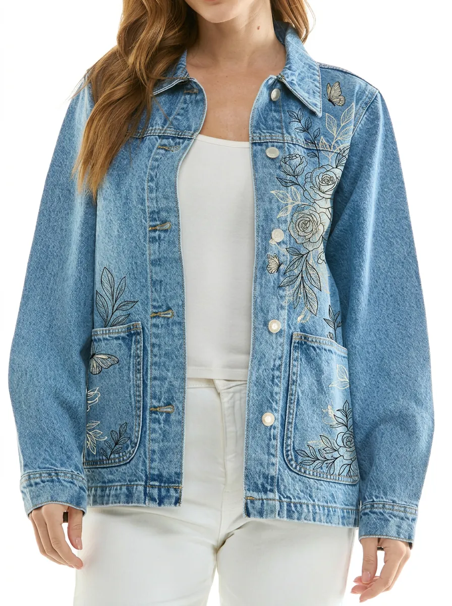 Women's Floral Butterfly Botanical Printed Denim Jacket
