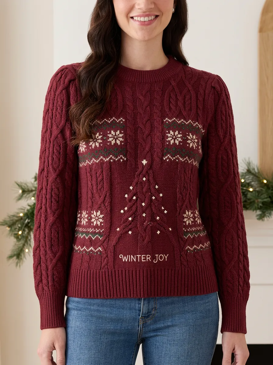 Christmas Winter Joy Snowflake Tree Pattern Knitted Sweater