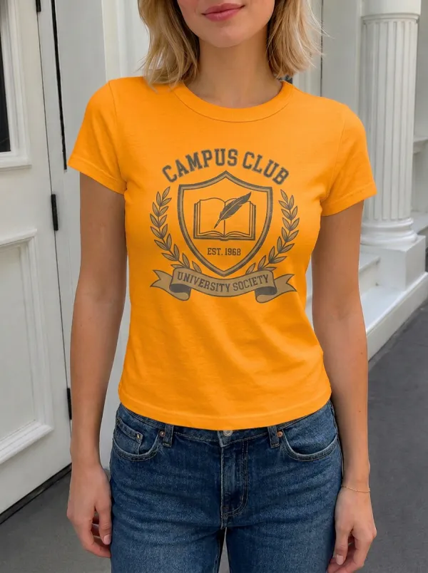 Women's Campus Club University Society Book Feather Printed T-shirt