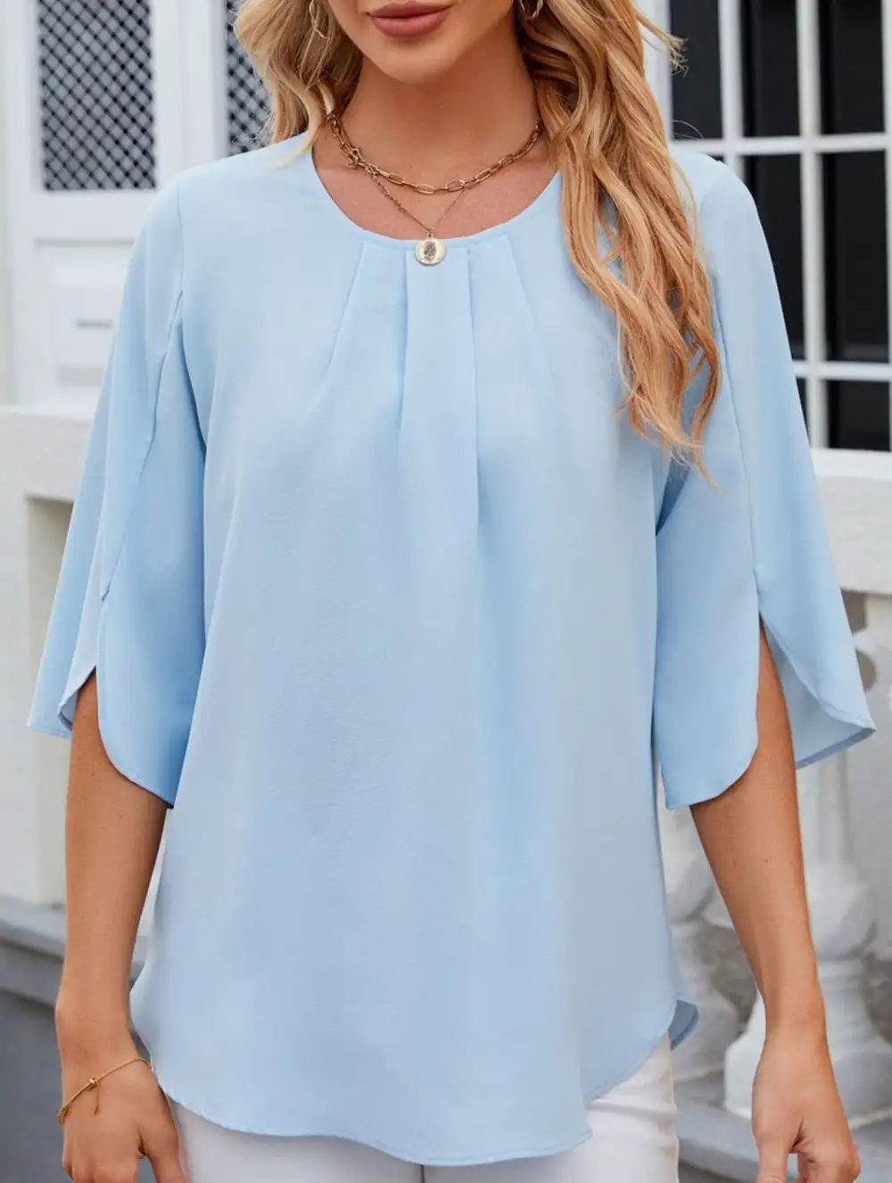 Chiffon Crew Neck Half Sleeve Blouse