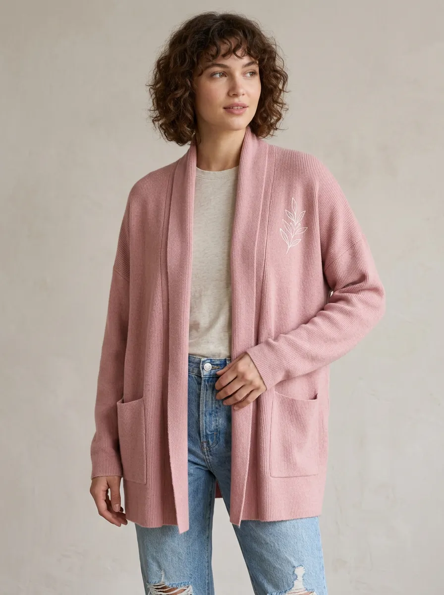 Women's Minimalist Botanical Leaf Printed Pink Casual Cardigan