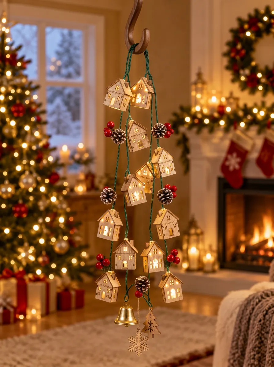 Wooden House Pinecone Berry Christmas LED String Lights