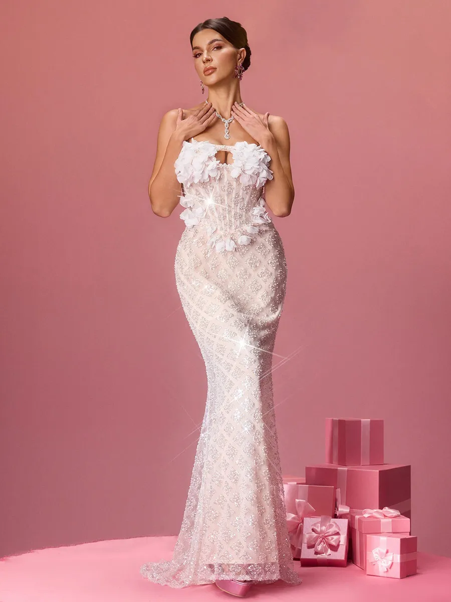 Alessandra Strapless Flower Sequin Maxi Dress