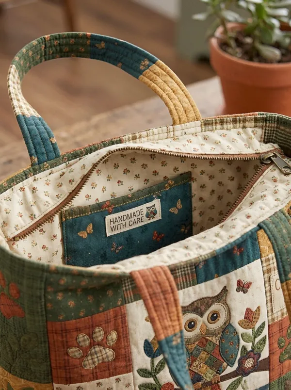 Owl Lover Patchwork Paw Print Printed Tote Bag