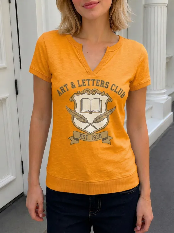 Women's Art & Letters Club Book Feather Crest Printed V-Neck T-Shirt