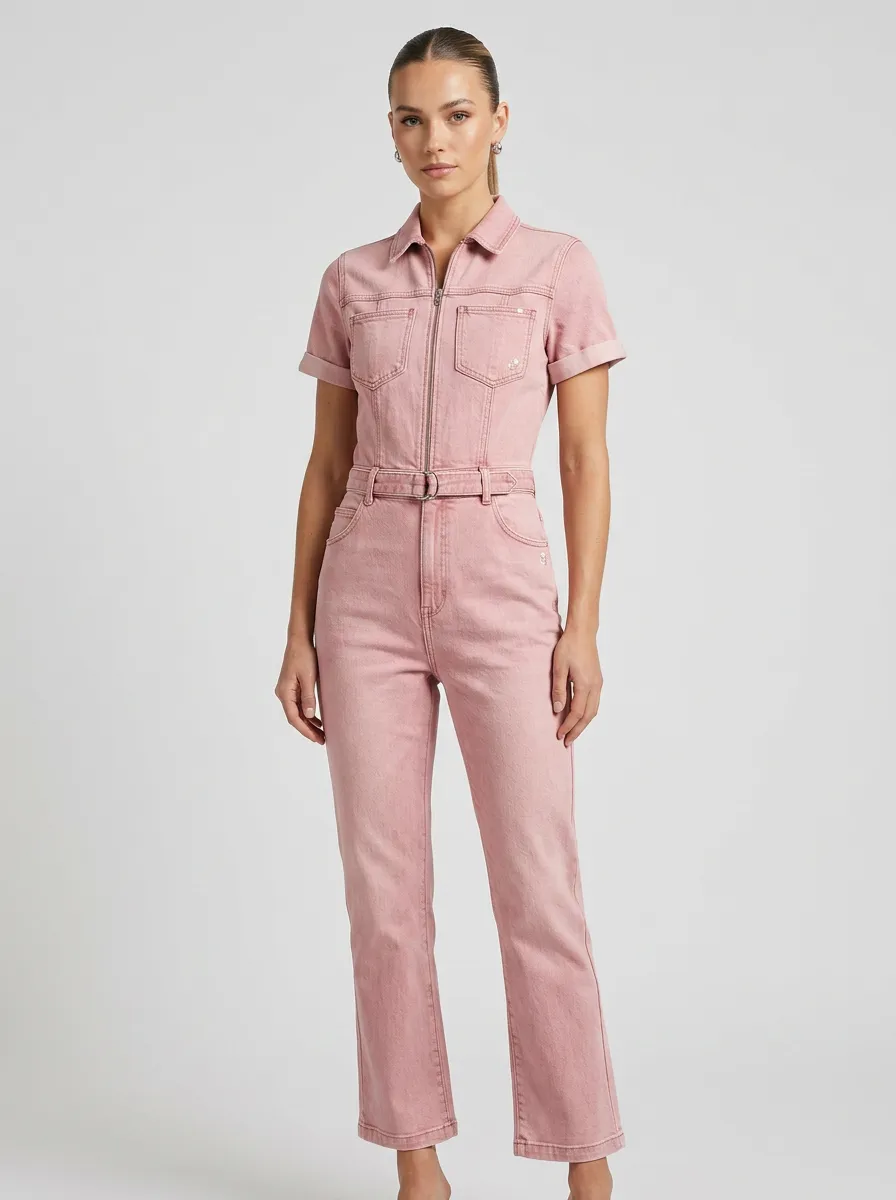 Pink Solid Belted Denim Jumpsuit