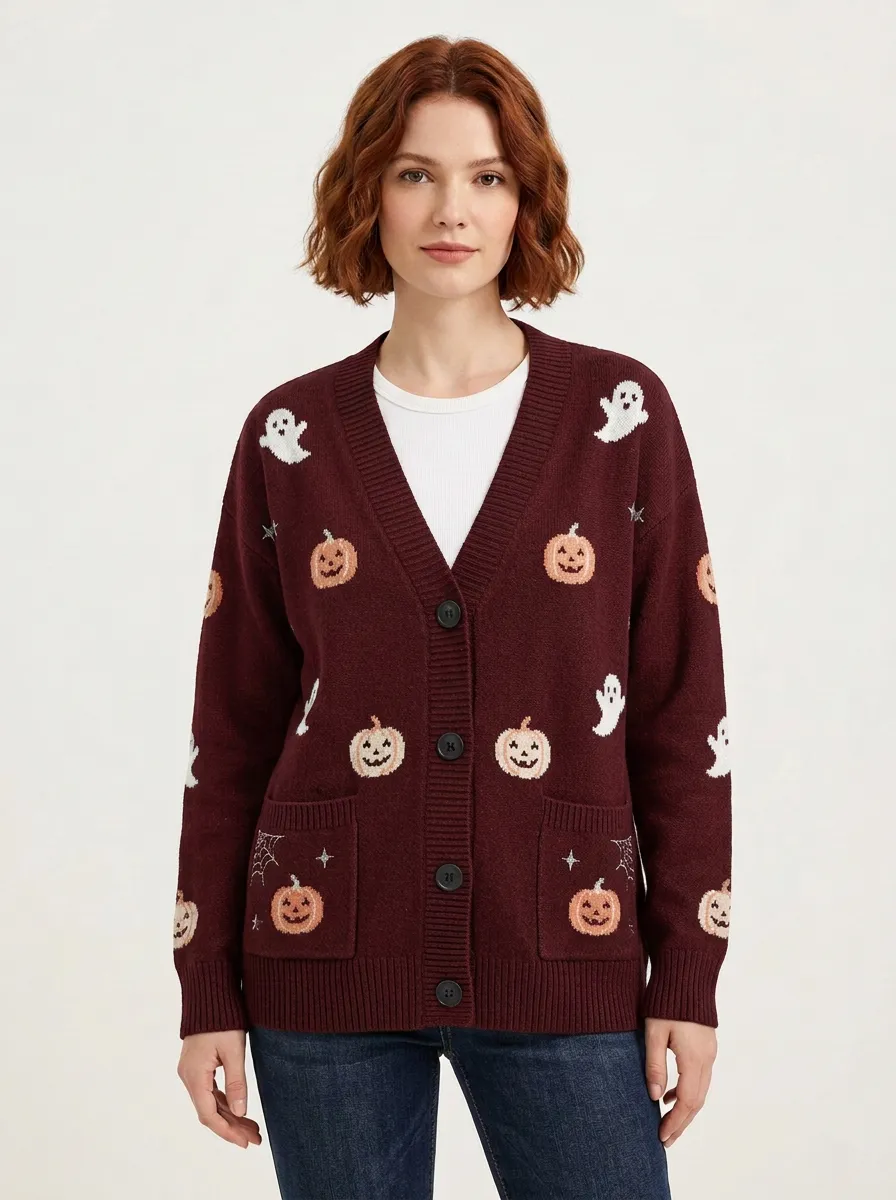 Women's Pumpkin Ghost Halloween Knit Cardigan