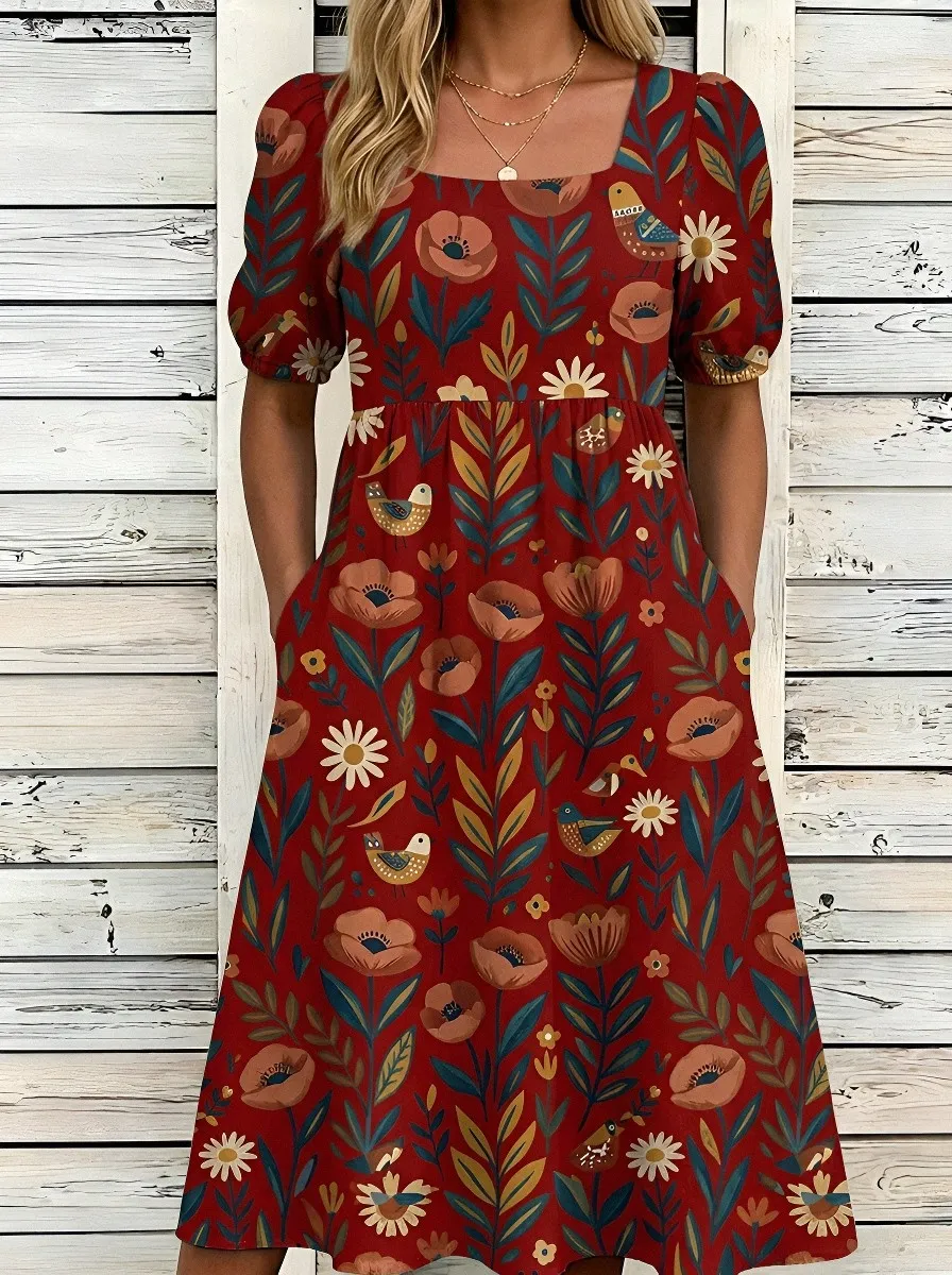 Women's Floral Bird Nature Lover Printed Square Neck Dress