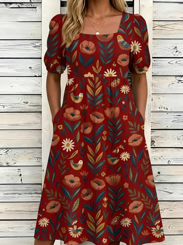 Women's Floral Bird Nature Lover Printed Square Neck Dress