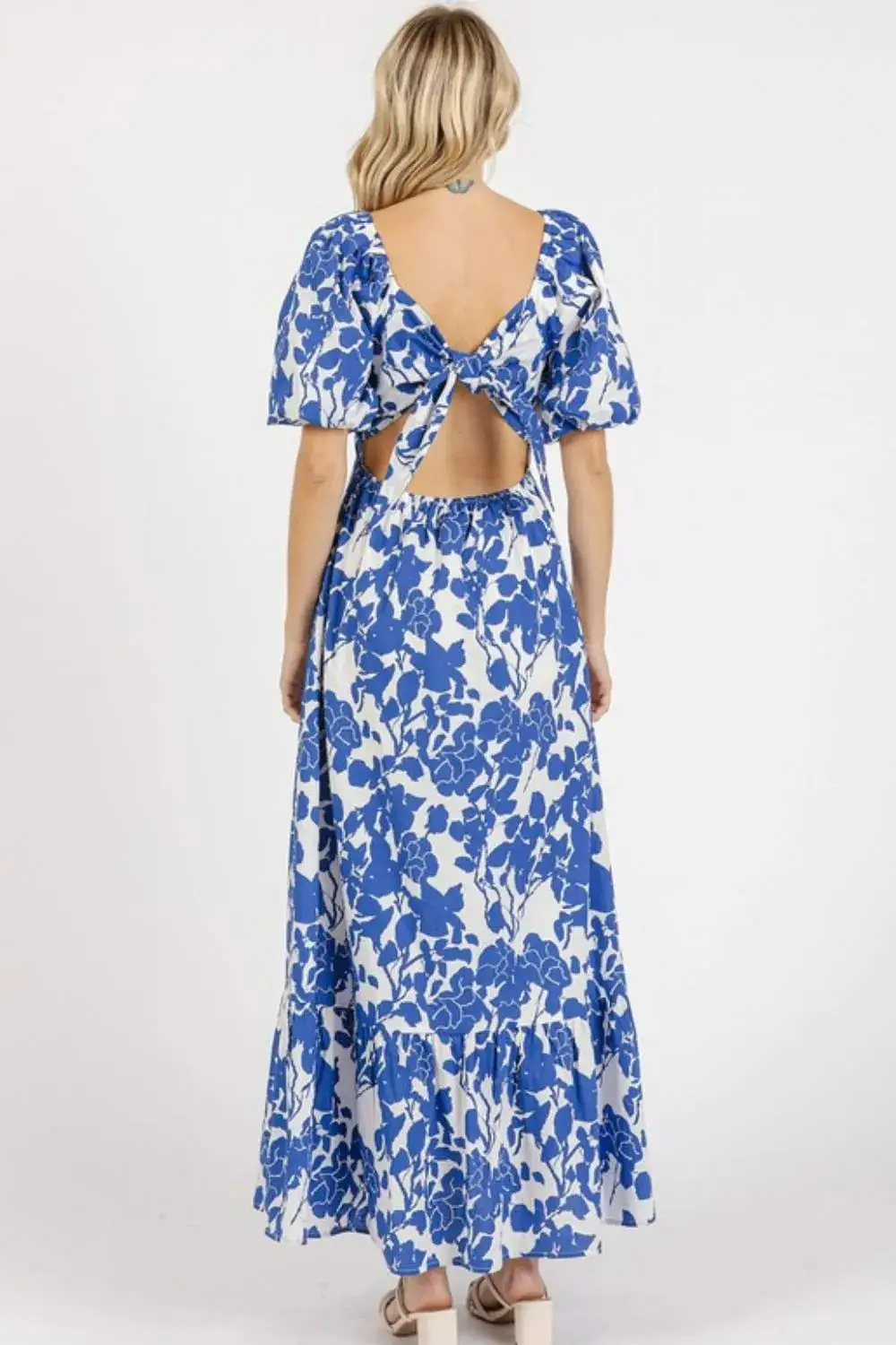 Cutout Back Floral Sweetheart Neck Puff Sleeve Dress