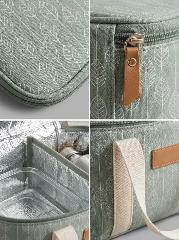 Picnic Lover Green Leaf Pattern Printed Insulated Lunch Bag