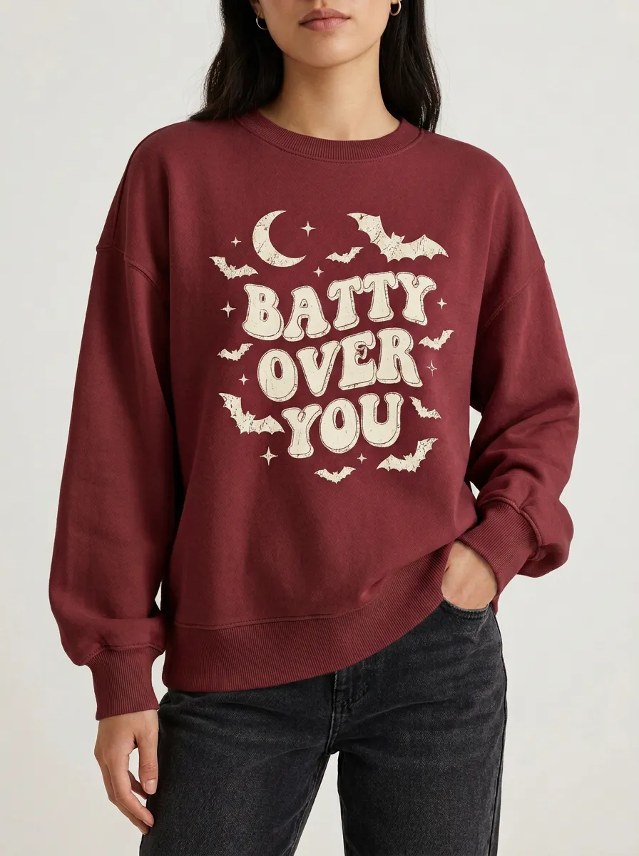 Women's Halloween Batty Over You Moon Stars Printed Sweatshirt