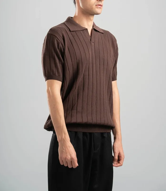 Dark Brown Line Texture Knit Polo Shirt