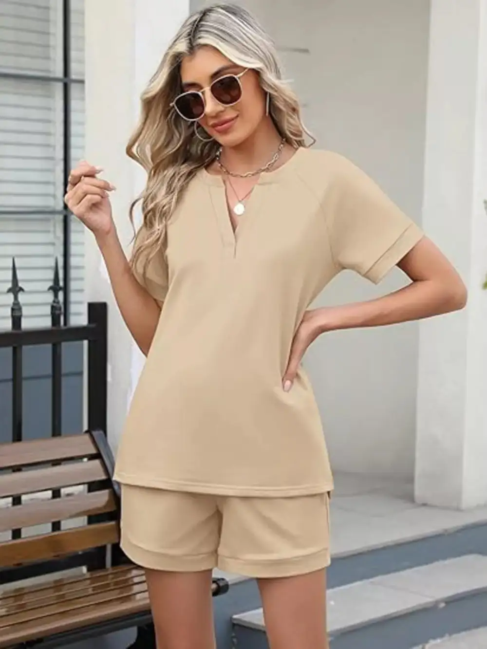 Short Sleeve Top Shorts Two Piece Set