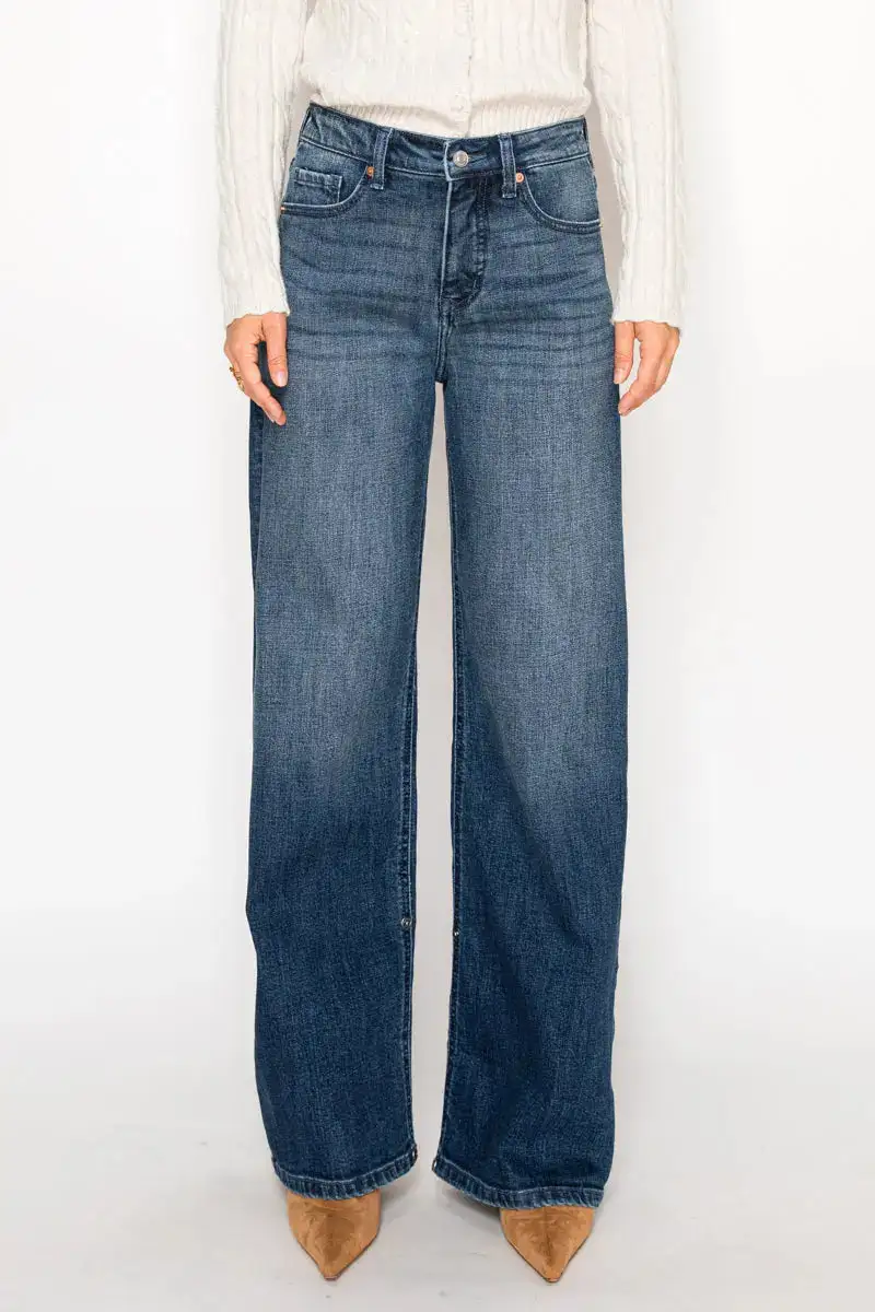 Tummy Control High Rise Vintage Style Wide Leg Cuffed Denim Jeans