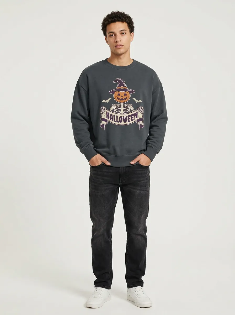 Men's Halloween Skeleton Pumpkin Witch Hat Sweatshirt