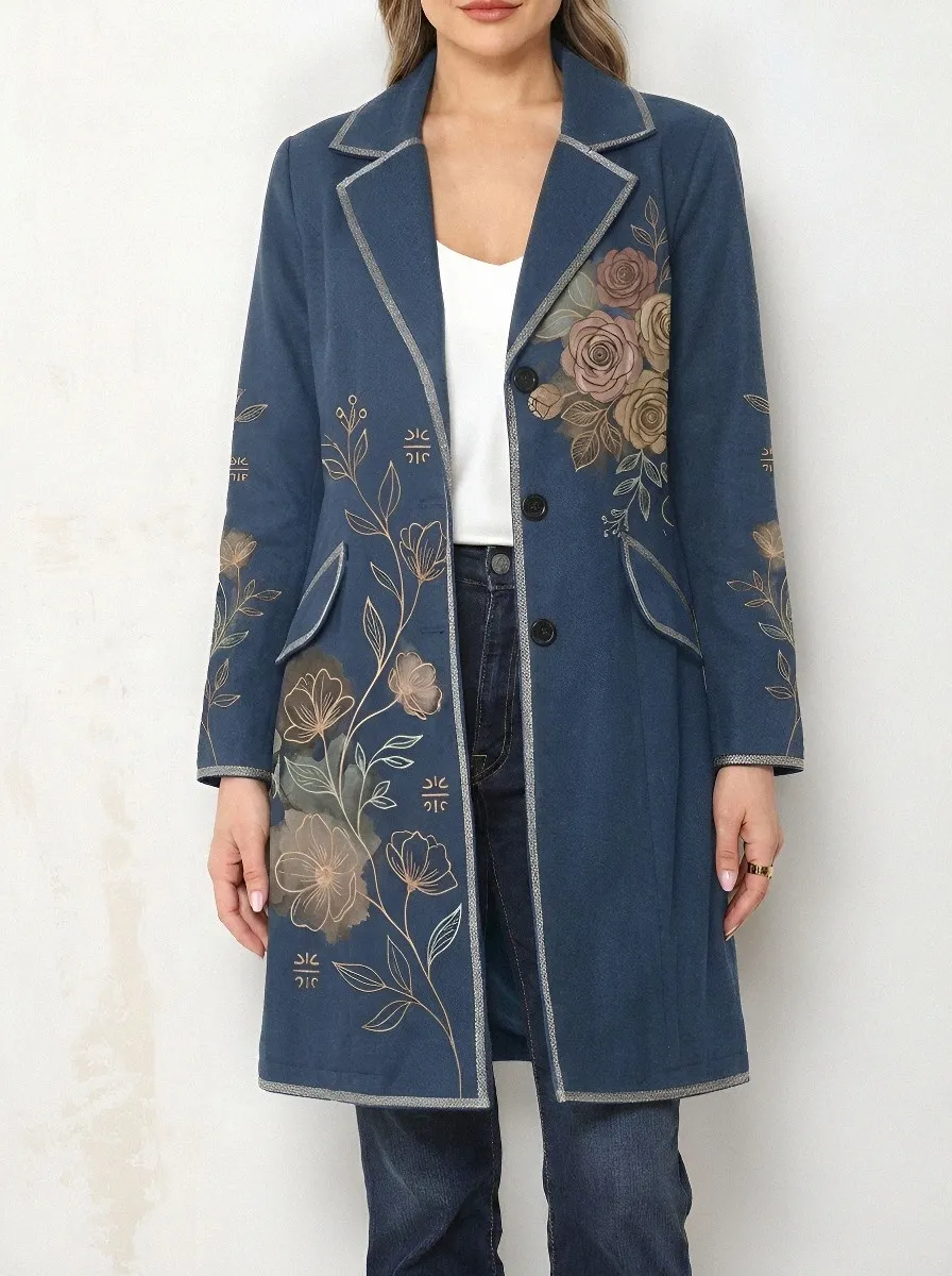 Women's Vintage Floral Botanical Printed Long Blazer Coat