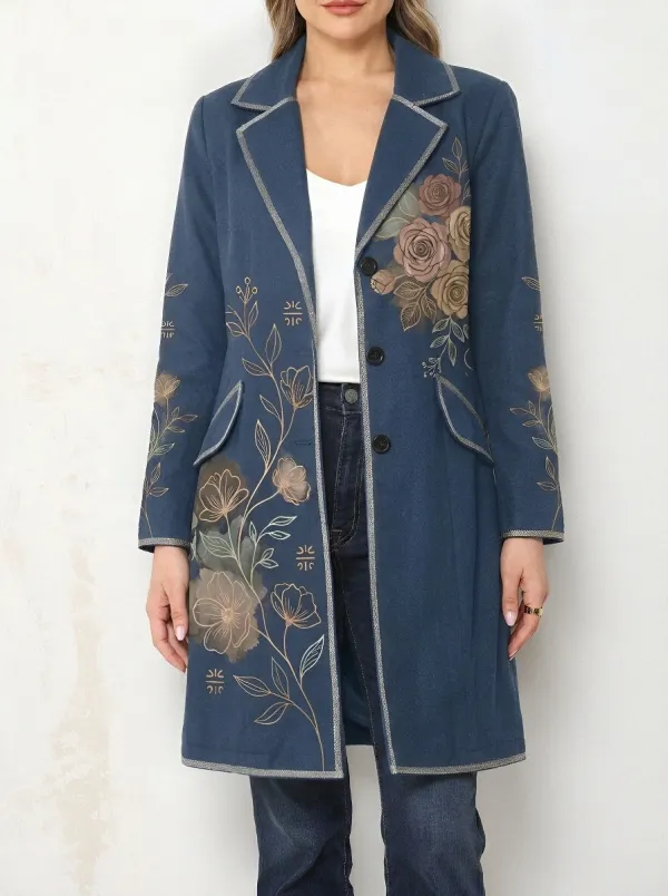 Women's Vintage Floral Botanical Printed Long Blazer Coat