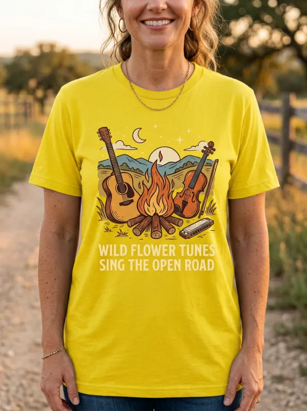 Country Music Guitar Fiddle Campfire Crew Neck T-Shirt