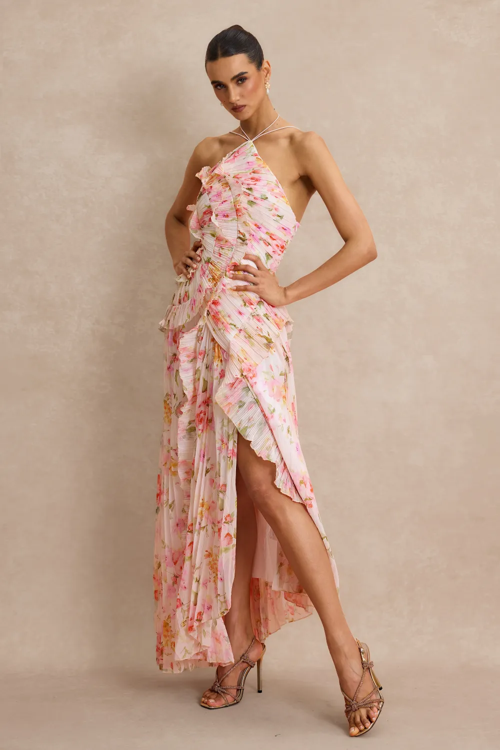 Pleated Frill Halter Neck Midi Dress