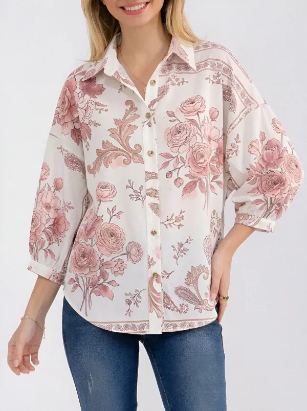 Women's Vintage Floral Paisley Printed Button-Down Shirt