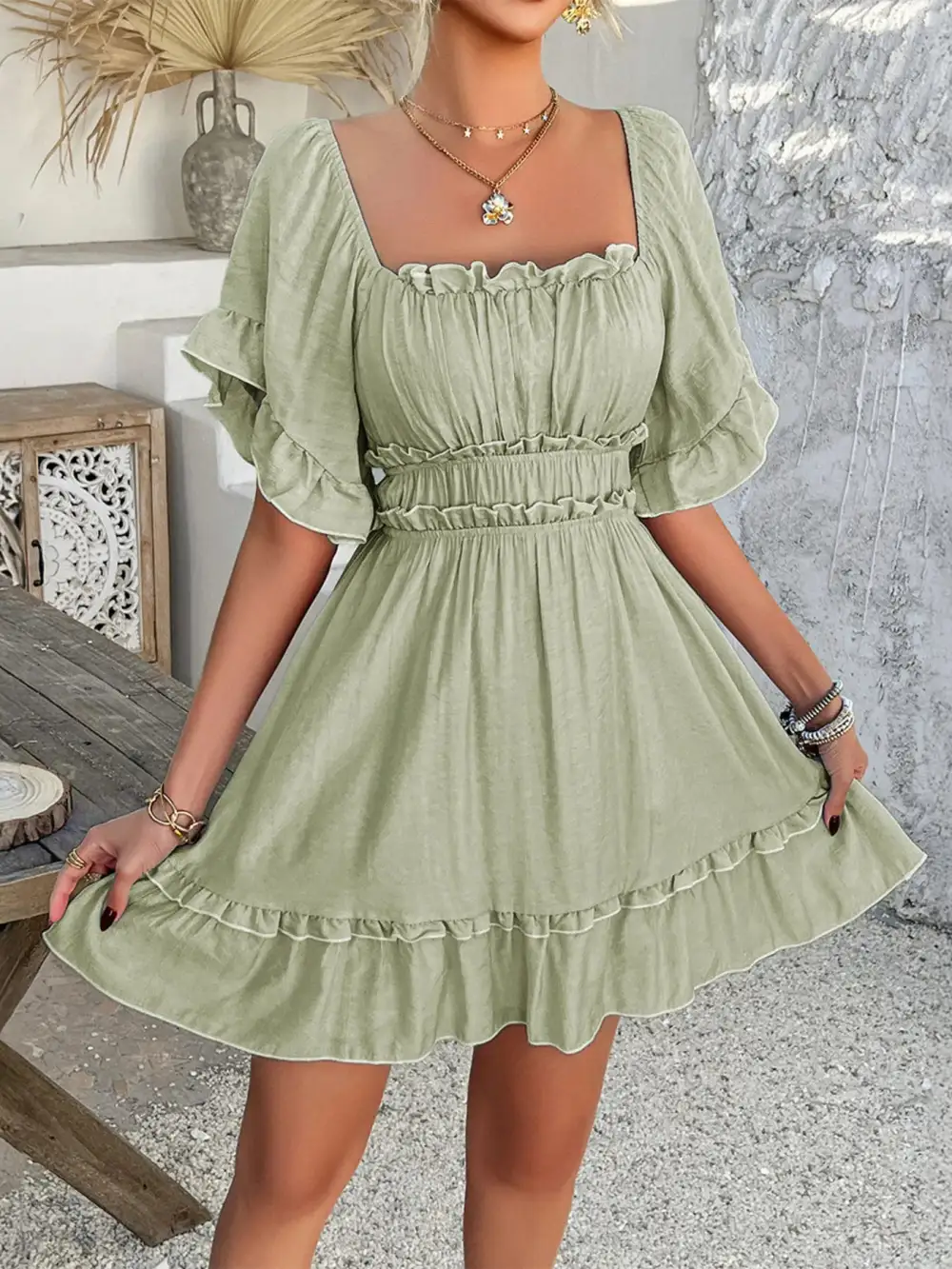 Square Neck Ruffle Mini Dress