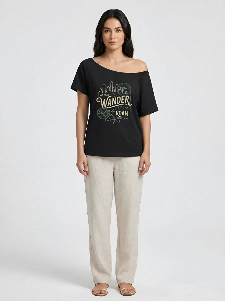 Women's Travel Lover Wander Roam City Skyline Printed Off-Shoulder Top