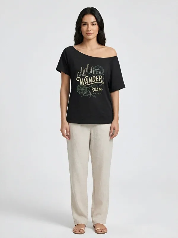 Women's Travel Lover Wander Roam City Skyline Printed Off-Shoulder Top