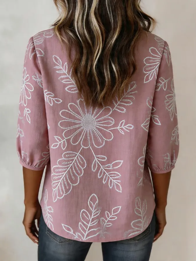 Women's Casual Short-Sleeve Positioning Print Cotton-Linen Top