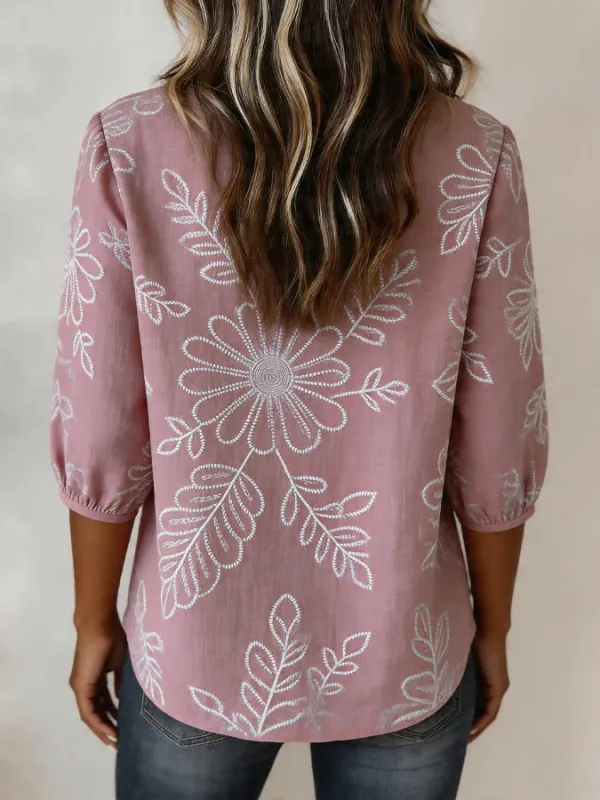 Women's Casual Short-Sleeve Positioning Print Cotton-Linen Top
