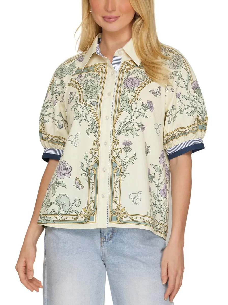 Women's Vintage Floral Thistle Butterfly Printed Button-up Shirt