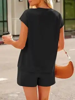 Button-Detail Pocketed Top and Shorts Matching Set