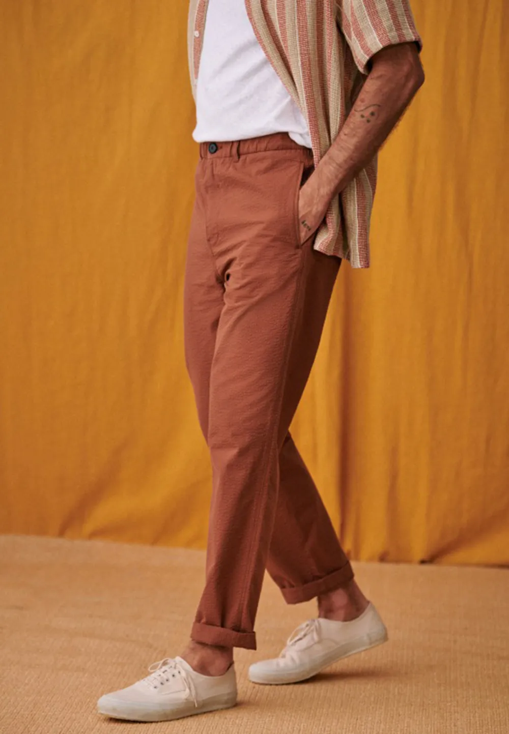 Rust Brown Seersucker Drawstring Waist Trousers